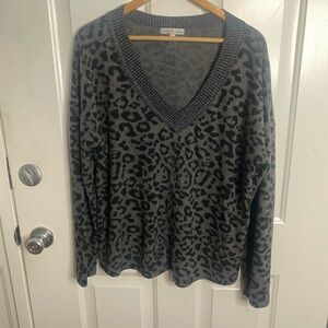 Gray Leopard Print V-Neck Sweater